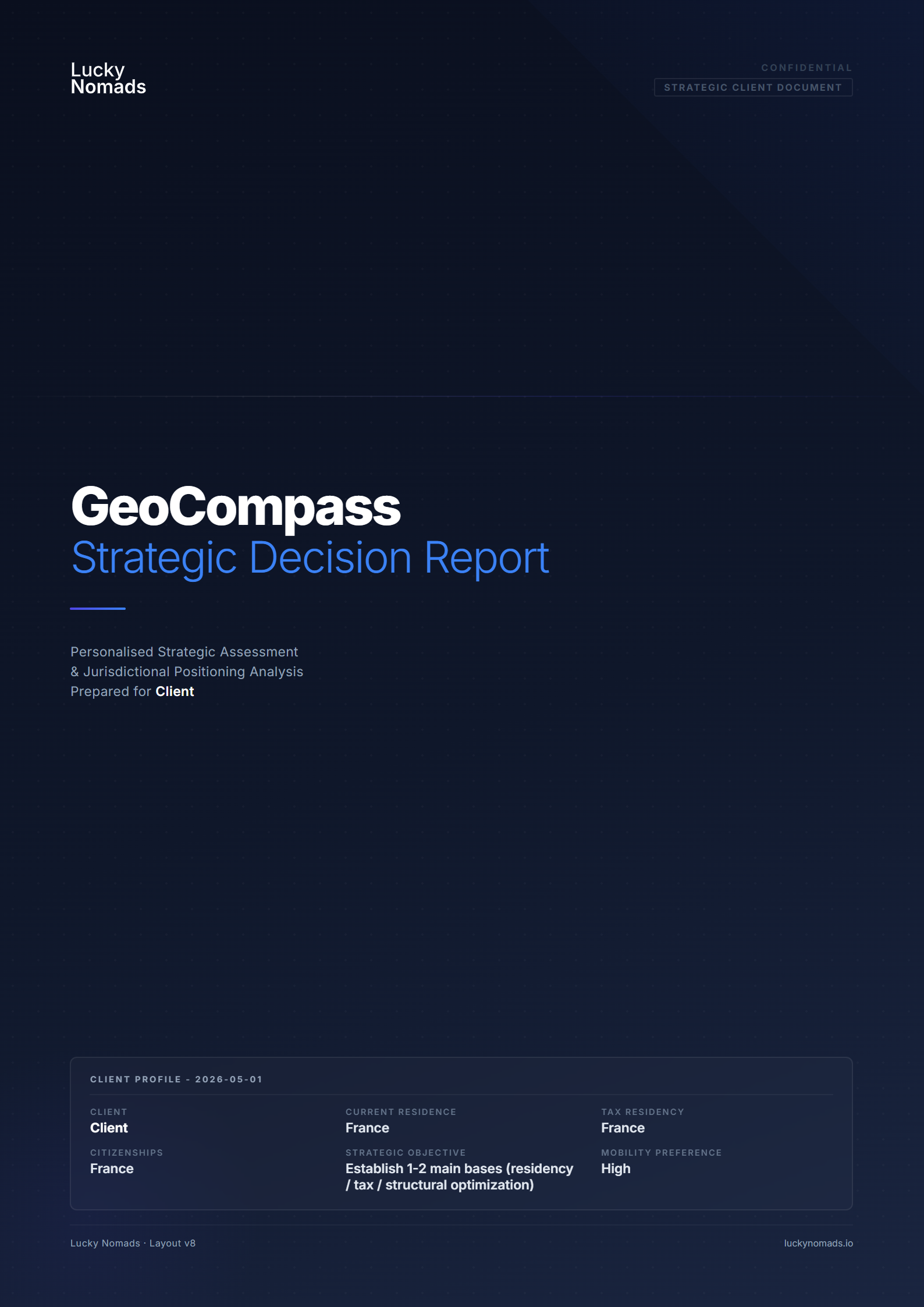 Cover page of the GeoCompass strategic decision report in dark mode, prepared for Client